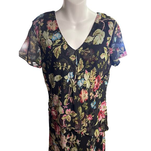 Vintage Positive Attitude Black Floral Beaded Maxi Elegant Evening Dress Sz 12P - Picture 3 of 6